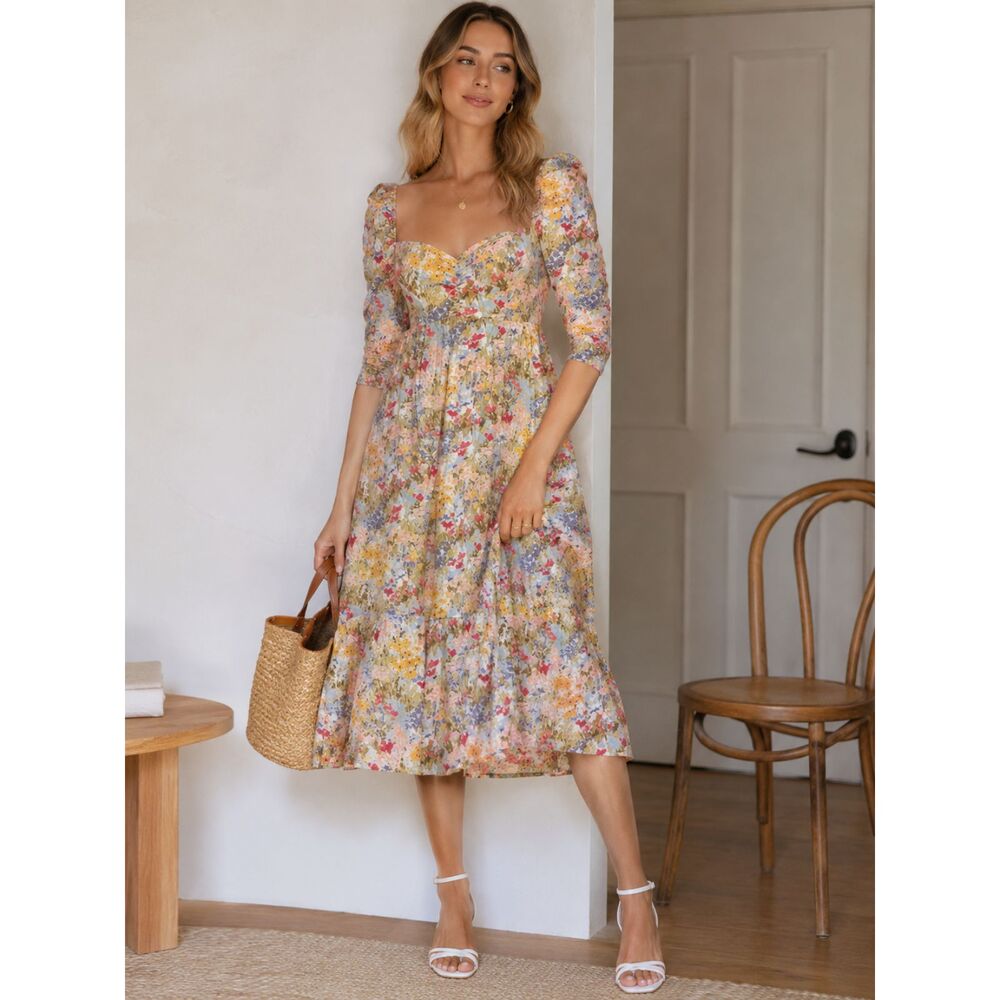Reformation Floral Midi Dress Cottagecore Garden Party Prairie Romance 6
